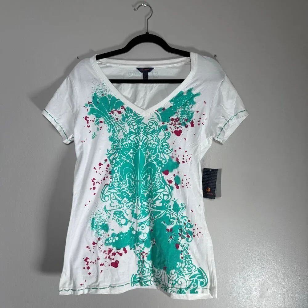 NWT Dereon Y2K Graphic V-Neck Tee Teal Fleur-De-Lis Paint Splatter Top Shirt
